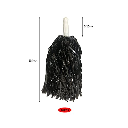 Black 16PCS Cheerleading Pom Poms Metallic Foil with Baton Handle for Sports & Dance