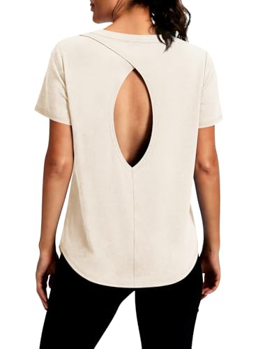 Alaroo Women's Open Back Workout Tops Large Cream Short Sleeve Pilates Activewear