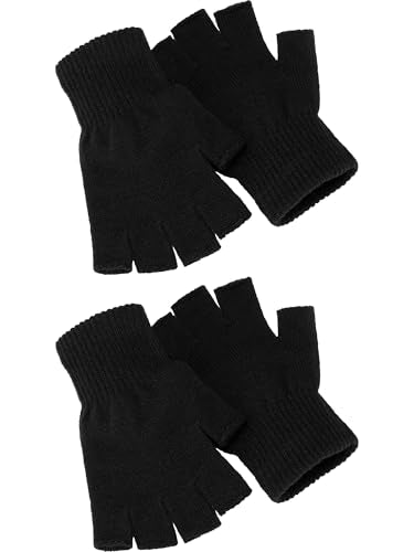 Winter Half Finger Gloves - Unisex Knitted Fingerless Mittens - Matte Black