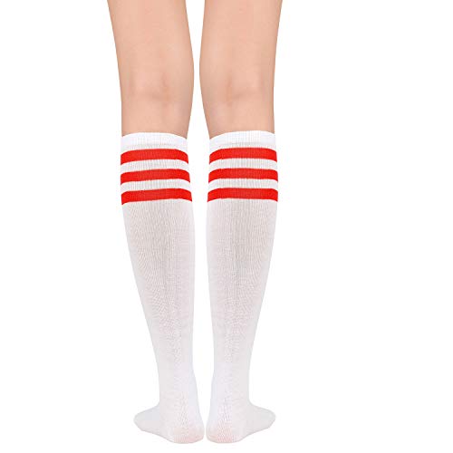 Knee High Socks for Women - Striped Athletic Soccer Socks - One Size Red White & White Red