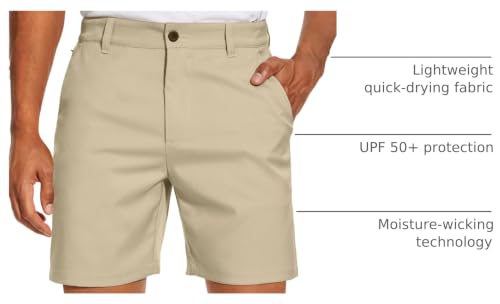 Men's Golf Dress Shorts - Flat Front Hybrid 7 Inch, Khaki - 5 Pockets