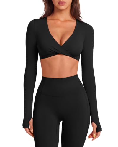 SUUKSESS Women 2-Piece Workout Set with Padded Twist Deep V Crop Top - Small / Black