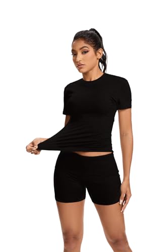 Women’s Workout 2-Piece Set X-Large Black Gym Wear Slim Short Sleeve Top & Foldover Shorts