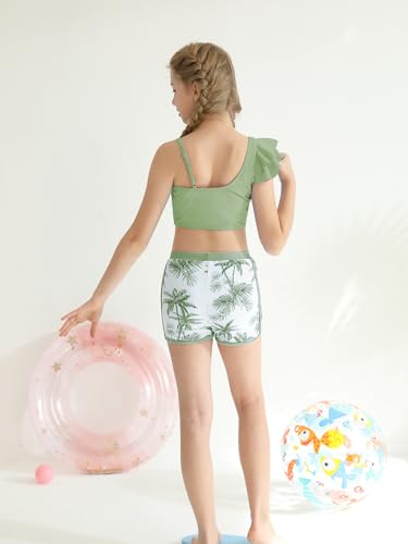 Girls 3-Piece Ruffled Bikini Swimwear Set with Shorts - 15-16 Years Light Green