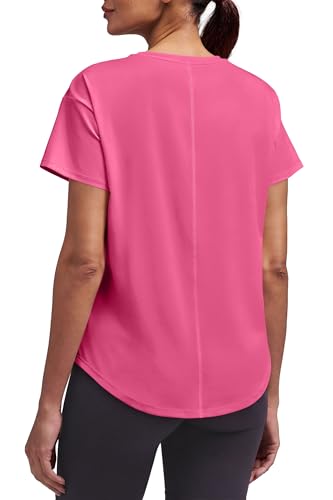 Loose Fit Workout Tops for Women - Short Sleeve Athletic T-Shirt - Large Hot Pink