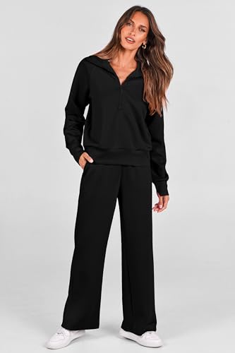 Women's 2 Piece Matching Lounge Set - Zip Up Sweatshirt, Wide Leg Pants - Medium Black
