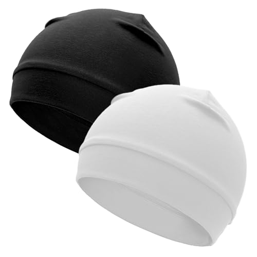 Cotton Skull Cap Beanies - Soft Helmet Liner Sleep Hat, 2pcs Black & White