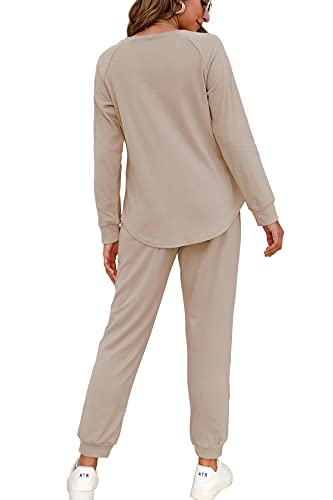 WIHOLL Medium Beige Two Piece Lounge Set for Women Long Sleeve Sweatshirt & Pants