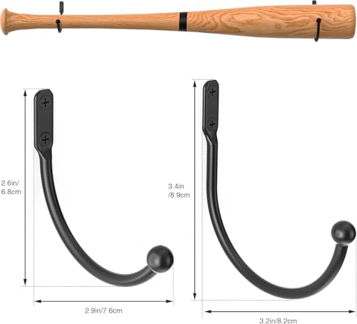Baseball Bat Holder Wall Mount - 2 Pack Black Display Rack