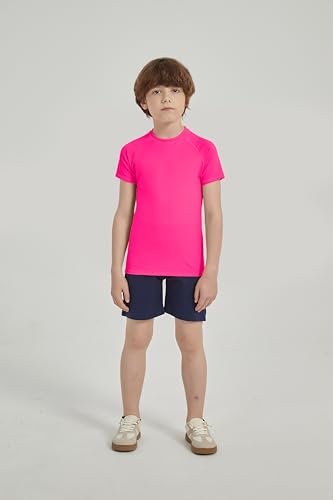 Neon Swim Shirt for Kids - Short Sleeve Rash Guard UPF 50+ - 7-8 Years / Hot Pink