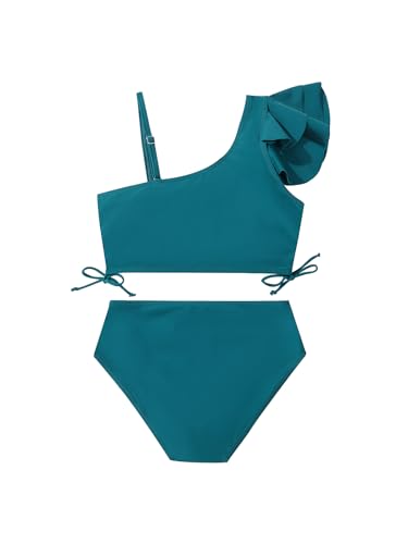 Girls 2 Piece Ruffled Bikini Set - Adjustable Strap Tropical Stripes