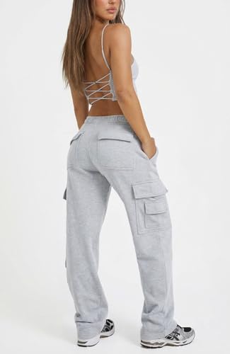 Waitfairy Women's Cargo Sweatpants Wide Leg Fleece Baggy Medium Light Grey