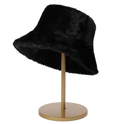 Women's Black Faux Fur Bucket Hat - Warm Winter Fisherman Cap