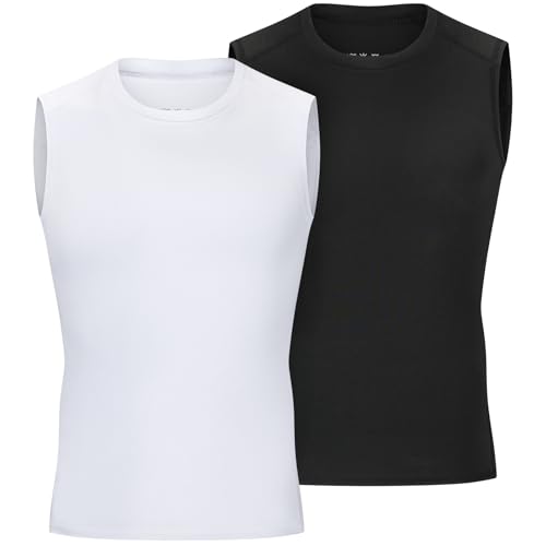 Anawakia 2 Pack Boys Sleeveless Athletic Compression Shirts - Black & White, Medium