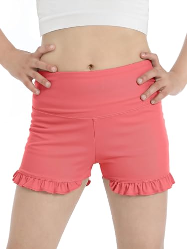 Girls High Waisted Ruffle Athletic Shorts - Stretch Spandex for Dance & Yoga