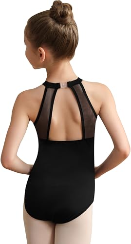 Babene Girls Black Mesh Leotard with Hollow Back - Halter Neck, Age 10-12