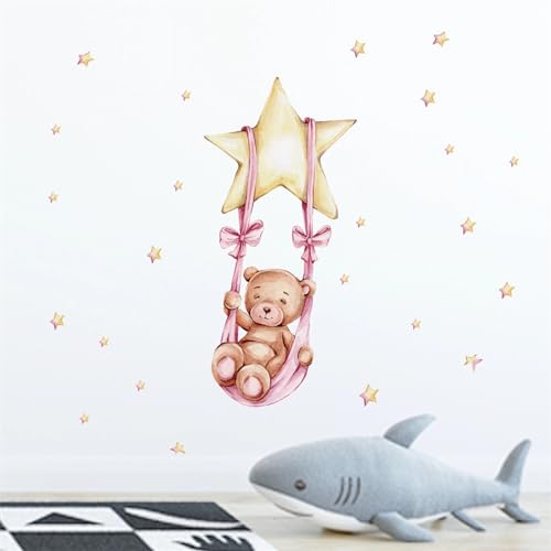 Cute Sleeping Baby Bear and Stars Wall Stickers, sacinora Cartoon Animals DIY Wall Decals Removable Vinyl Peel and Stick for Kids Baby Boy Girl Nursery Bedroom Playroom Toddler Room Art Decorations