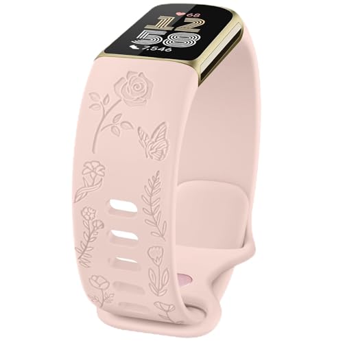 Floral Engraved Replacement Band for Fitbit Charge 6/5 - Light Pink