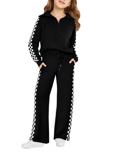 Girls Sweatsuit 2-Piece Zip Long Sleeve Outfit - Checked Black, Age 7-8