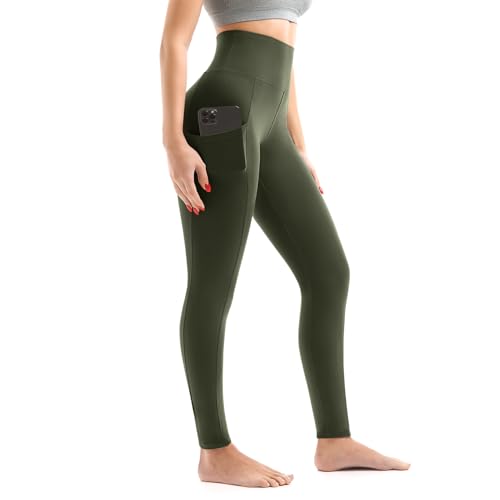 Walifrey Full Length Green Leggings with Pockets for Women - XL