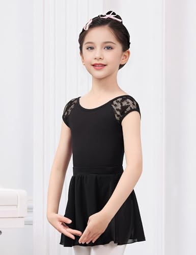 Girls Ballet Leotard with Lace Cap Sleeve - 9-10 Years Black Dancewear