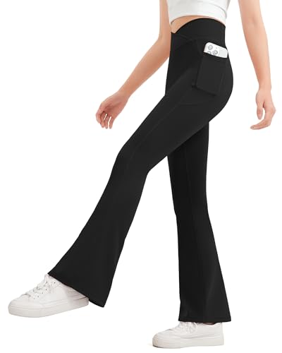 Girls Flare Leggings with Pockets - High Waisted, Soft Stretch - 11-12 Years / Black