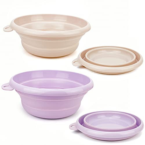 Collapsible Wash Basin Set - 2 Pack Portable Dish Sink for Camping & Home - Khaki & Purple