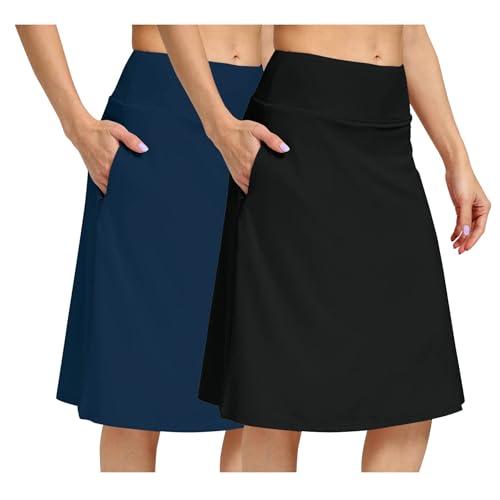KGKE Women’s Midi Skirt with Built-In Skorts - 2 Pack (Black & Navy), Large