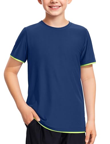 Boys Athletic Shirt - Moisture Wicking Short Sleeve Tee, 7-8 Years / Navy