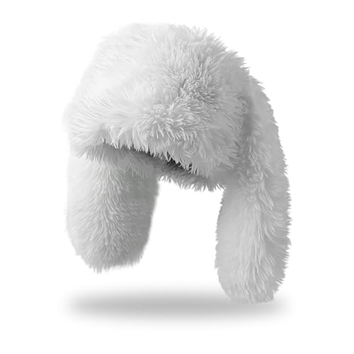 Y2K Fuzzy Bunny Hat for Women – White One Size Beanie with Ears (Henwasai)