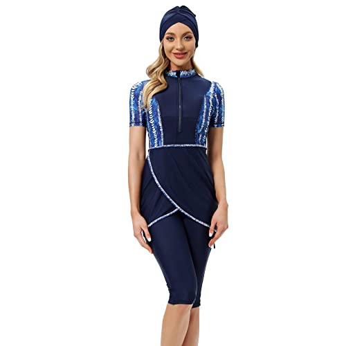 FYMNSI Medium Blue Muslim Burkini 3-Piece Swimwear Rash Guard Top Pants Hijab