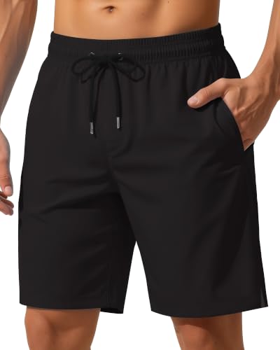 Yufawow 9 Inch Men Swim Trunks with Mesh Lining - Quick Dry, Breathable Pockets, Solid Black XXL