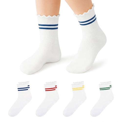 Stelle Kids Cotton Ruffle Athletic Ankle Socks 3-5 Pairs, 7-12 Years, Striped