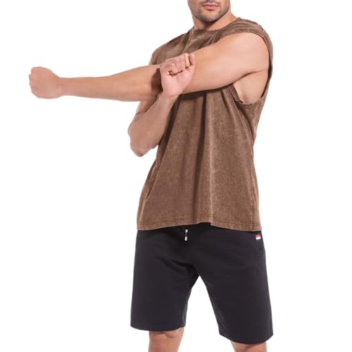 Muscle Cut Off Tank Top for Men - Acid Wash Cotton Tee - Coffee / XX-Large