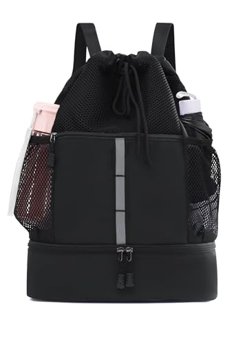 U-helper Drawstring Gym Backpack Black Sports Cinch Sack for Travel & Swimming