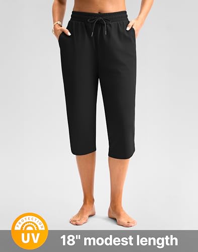Viodia Women's 18" Modest Swim Capris Pants with Pockets, X-Large Black