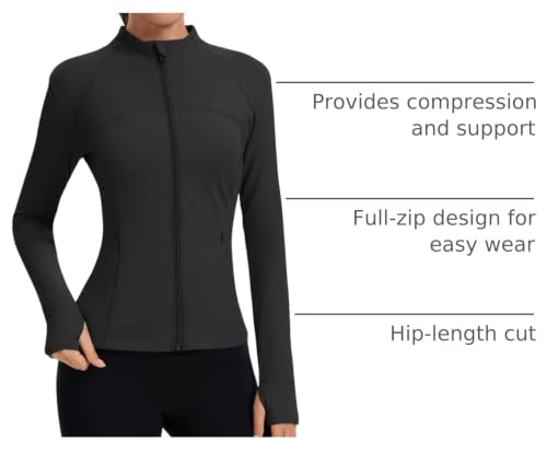 Slim Fit Women's Full Zip Workout Jacket with Thumb Holes - Black, Medium