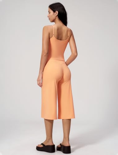 QBGJTD Women's Workout Set with Spaghetti Strap Crop Top & Wide Leg Capri Pants - Medium Orange