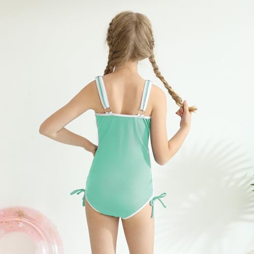 Girls Ribbed One-Piece Swimsuit - Adjustable Athletic Swimwear, Light Green