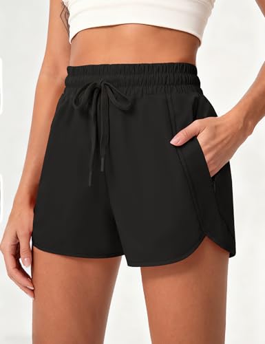 High Waisted Running Shorts for Women - Black, X-Large