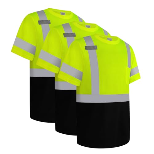 Work Shirts for Men Construction Class 3 High Visibility Shirts for Men, Hi Vis Reflective Safety T-Shirts for Men Women, Short Sleeve Work Shirts with Black Bottom, Yellow XL, 3PCS