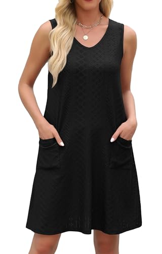 elescat Large Black Summer Women's Eyelet Swimsuit Coverup Dress with Pockets