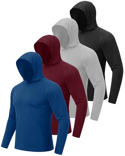 BOOJO Sun Hoodie for Men - UV 50+ Lightweight Fishing Rash Guard, Medium Heather Black/Light Grey/Wine/Dark Blue - 4 Pack