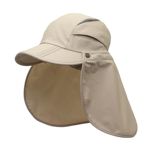 Large Khaki Men Women Safari Fishing Sun Hat with Removable Neck Flap UPF 50+ UV Protection, Quick Dry Breathable
