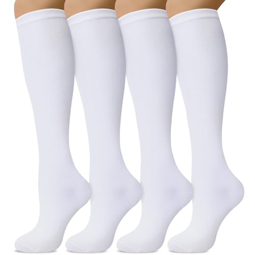 Senker Fashion Large White Cotton Knee High Socks 4 Pairs for Women