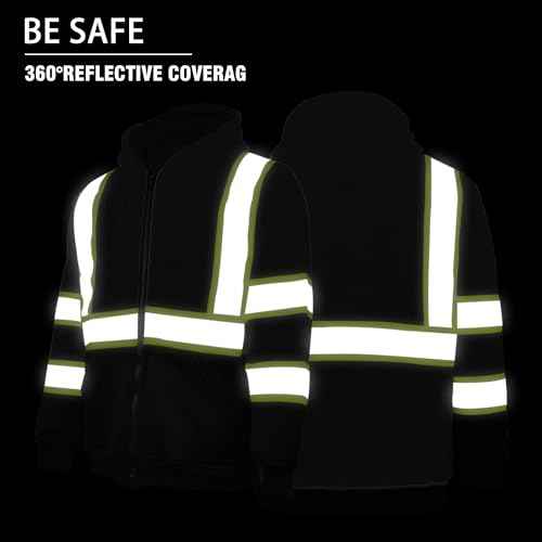Hi Vis Safety Hoodie for Men ANSI Class 3, Reflective Jacket Zip Hoodie with Black Bottom for Construction Work