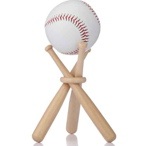 Baseball Display Stand Wooden Holder with 2 Mini Bats & Rings
