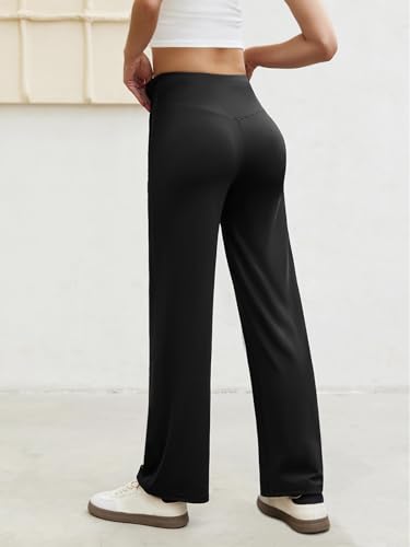 COPYLEAF Wide Leg Yoga Pants Women Black Large with Pockets, Loose & Stretchy for Lounge & Work