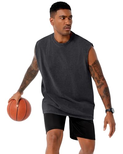 Men's Loose Sleeveless Acid Wash Tank Top - Black - Small
