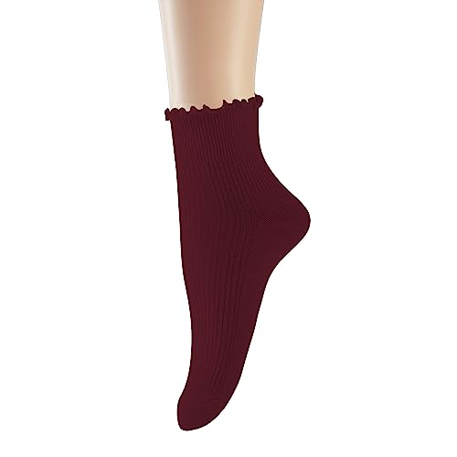 Cotton Ankle Socks - Ruffle Crew Style in Wine Red - 1 Pair